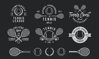 Vintage Tennis logo templates and 5 design elements for Tennis graphics. Tennis team, tournament, championship, league emblems templates. Tennis Racket, Ball, wheat wreath icons.Vector illustration