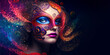 Carnival banner mardi gras beautiful caucasian brunette woman with venetian mask copy space. Generative AI