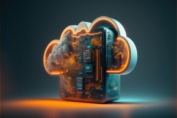 server room 3d illustration with node base programming data design element.concept of big data storage and cloud computing technology. AI
