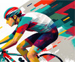 a simple cartoon styled cyclist illustration, colors in sky, generative ai technology