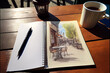 Coffee and sketchbook in a Parisian café terrace, for artistic backgrounds, AI generated