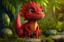 A Cute Adorable Baby Red Lizard Generative Ai  Rendered In The Style Of Children-friendly Cartoon Animation Fantasy Style	