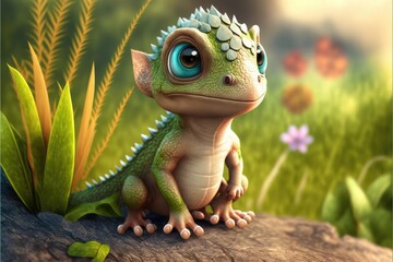 a cute adorable baby dragon lizard 3D Illustation stands in nature in the style of children-friendly cartoon animation fantasy style	