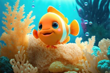Wall Mural - a cute adorable baby fish generative ai  rendered in the style of children-friendly cartoon animation fantasy style	