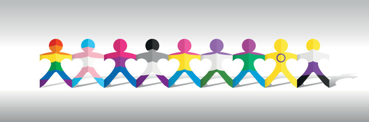 Front view of 9 Pride flags inside a paper people chain on white background. Vector image