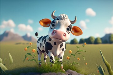 a cute adorable baby cow generative ai  rendered in the style of children-friendly cartoon animation fantasy style	