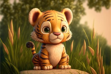 a cute adorable baby tiger generative ai  rendered in the style of children-friendly cartoon animation fantasy style	