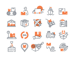 Delivery color icons set. Online shopping and home delivery, transportation and logistics. Airplane, ship, truck and scooter, courier. Cartoon flat vector illustrations isolated on white background