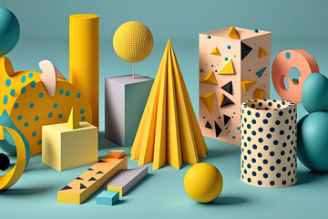 Abstract scene with colorful geometric 3d style elements. Generative AI