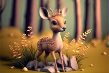 A Cute Adorable Baby Deer Generative Ai  Rendered In The Style Of Children-friendly Cartoon Animation Fantasy Style	