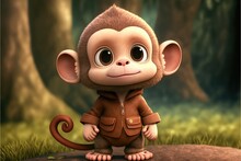 A Cute Adorable Baby Monkey Generative Ai  Rendered In The Style Of Children-friendly Cartoon Animation Fantasy Style	