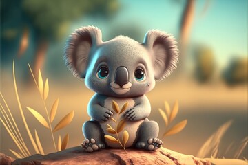 Wall Mural - a cute adorable baby koala generative ai  rendered in the style of children-friendly cartoon animation fantasy style	