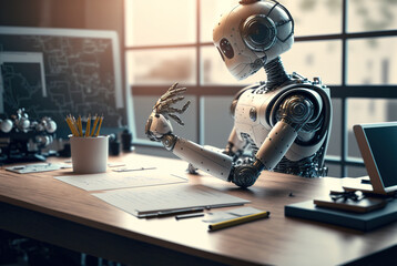 A humanoid robot sitting at a desk standing in for humans, doing study homework. Ia generated.
