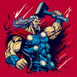 Thor with hammer, god of thunder, hero of mythology, cartoon