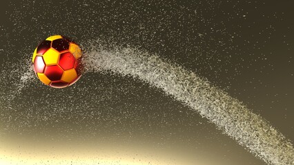 Wall Mural - Red-yellow Soccer Ball with Diamond Water Particles under White-Brown Lighting Background. 3D illustration. 3D high quality rendering. 3D CG.