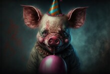 Created With Generative AI Technology. Evil Clown Head. Animal Pig Looking Like Horror Demon.
