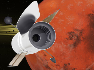 Wall Mural - Space Telescope Hubble near the Mars planet of Solar system in outer space. 3D rendered illustration. Elements of this image where furnished by NASA.	
