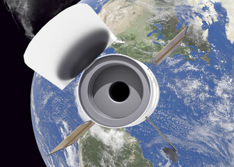Wall Mural - space telescope hubble near the earth planet of solar system in outer space. 3d rendered illustratio
