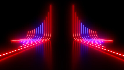 Wall Mural - sci fy neon glowing wave lines in a dark hall. reflections on the floor. empty background in the cen