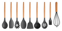 A Set Of Kitchen Utensils With A Wooden Handle On A Transparent Background. Isolated Object. Element For Design