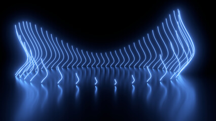 Wall Mural - Sci Fy neon glowing wave lines in a dark hall. Reflections on the floor. Empty background in the center. 3d rendering image. Abstract glowing lines. Techology futuristic background.