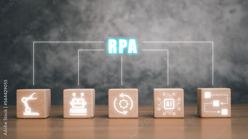 RPA Robotic Process Automation Innovation technology concept, Wooden cube block with VR screen RPA icon, copy space.