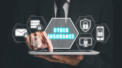 Cyber security data protection business technology privacy concept, Businessman working on tablet with cyber insurance icon on virtual screen, Cyber insurance concept.