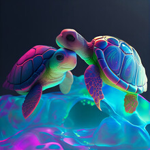 Adorable Turtles With Multicolored Water. AI Generative.