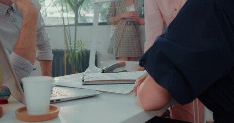 Sticker - Close-up on hands of multiethnic business people discussing work, talking at light office workplace table slow motion.