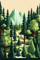 Wall Mural - landscape green forest, pine trees in wilderness of a national park vector illustration