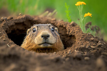 Groundhog Peeking Out Of Burrow Hole, Groundhog Day Concept, Social Media Banner, Generative AI