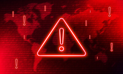 Wall Mural - attention danger hacking. neon symbol on red map background. security protection, malware, hack atta