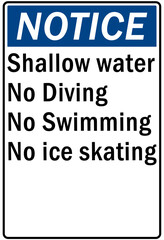 Wall Mural - Ice warning sign and labels shallow water no diving no swimming no ice skating