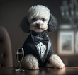  Cool party toy poodle puppy wearing a dapper black and white tuxedo and tie, along with a glass of wine. He is groomed well and ready. This is a small pet dog. Image was created by generative ai.
