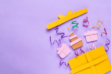 Poster - Birthday party. Paper cake, gifts and confetti on lilac background, flat lay with space for text