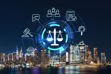 Wall Mural - New York City skyline from New Jersey over the Hudson River with Hudson Yards at night. Manhattan, Midtown. Glowing hologram legal icons. The concept of law, order, regulations and digital justice