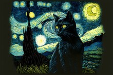 Black Cat Van Gogh Style Art Night 