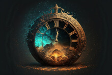 Earth And Time - Vintage Clock Face With Roman Numerals And Universe Cloud Background Illustrating The Concept Of Time Is Money