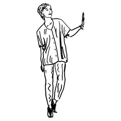 Wall Mural - Standing young woman with her had raised to the side. Stop or refusal gesture. Hand drawn linear doodle rough sketch. Black silhouette on white background.