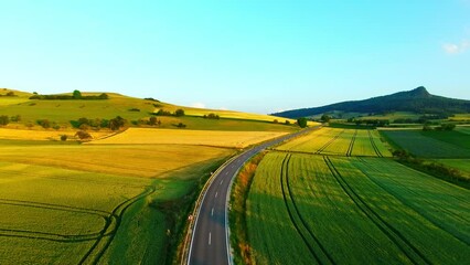 Wall Mural - Camera moving forward over a country road with green and yellow fields on both sides, drone shot