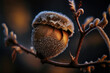 Winter Wonder: A close-up illustration of a brown acorn hanging on a tree in a snowy landscape