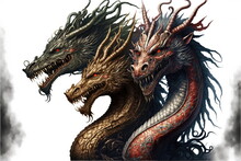 Three Heads Of Chinese Dragon On White Background, Made By AI,Artificial Intelligence