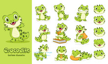 Set Of Green Crocodile Character Big Carnivore Amphibian Cartoon Animal Design In Various Motion And Expression. Vector Illustration Cartoon Character.