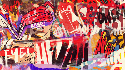 red color collage of different elements, with a street art and vintage rendering. motif can be used 