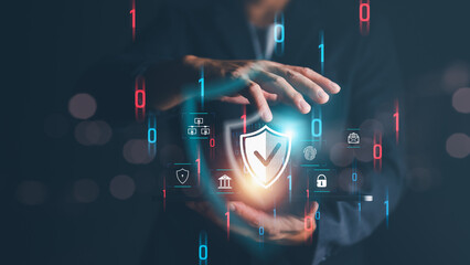 Fototapete - Cybersecurity and privacy concepts to protect data. shield icon and internet network security technology. Businessman protecting personal data on tablet with virtual screen interfaces. cyber security.