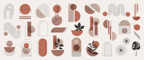 Wall Mural - Hand drawn abstract minimal element mid century vector set. Aesthetic contemporary stripe line art, watercolor geometric shapes in nude colors. Art form design for wall art, decoration, wallpaper.