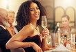 © Coetzee/peopleimages.com - Portrait, black woman or champagne glass for celebration, party or achievement with confident girl. Executive, African American female, lady or group at elegant event, alcohol or happiness with smile