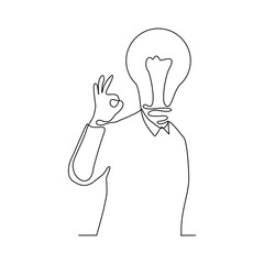 Wall Mural - Continuous single one line drawing business man with idea bulb head. Vector illustration of smart and success people.