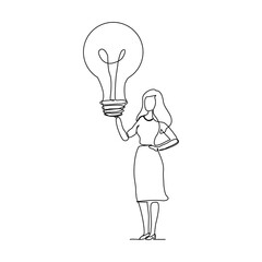 Wall Mural - Continuous single one line drawing business woman holding idea bulb. Vector illustration of smart and success people.