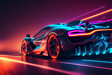 Speeding of a neon supercar on a night road. 3d illustration. Generative AI